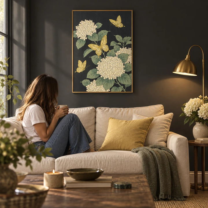 Vintage Butterfly Poster, framed on the wall of a moody elegant living room with a charcoal painted wall