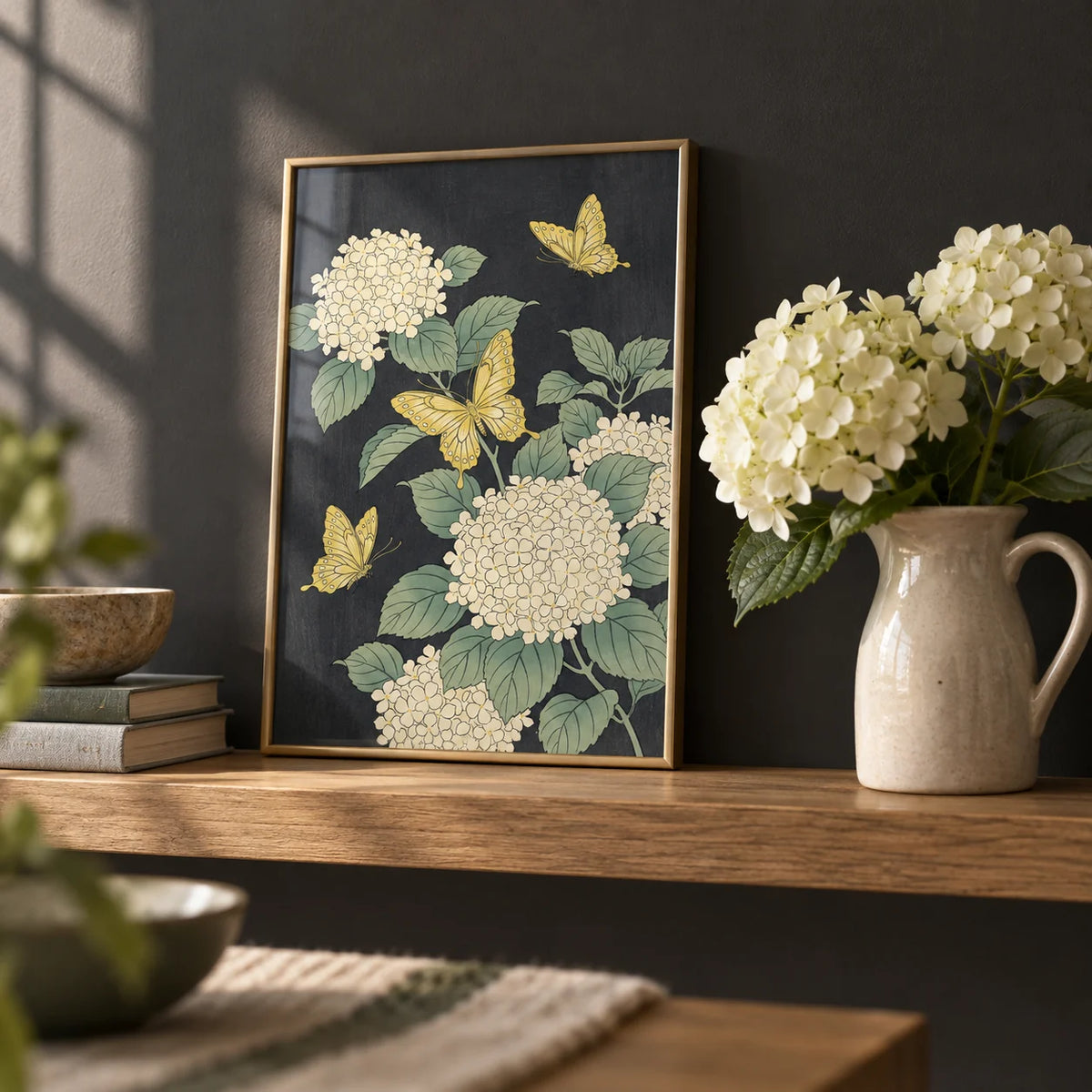 Vintage Butterfly Poster, a small A4 framed print leaning on an oak shelf in a living room