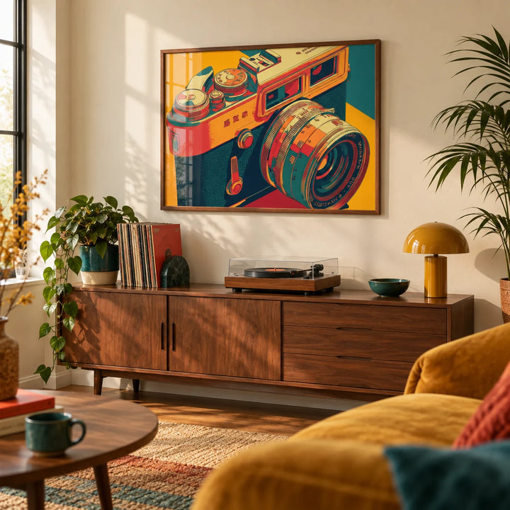 Vintage Camera Wall Art, framed on the wall of a retro-modern living room with a cream wall