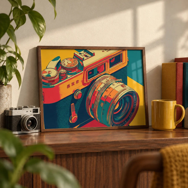 Vintage Camera Wall Art, a small A4 framed print leaning on a walnut shelf in a living room