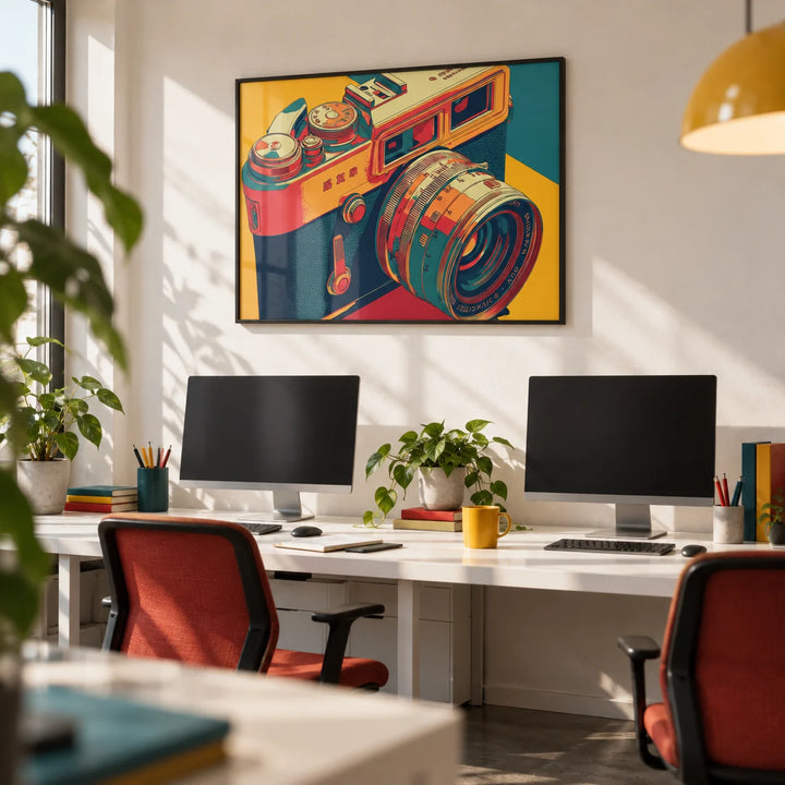 Vintage Camera Wall Art, framed on the wall of a small creative agency office with a white wall