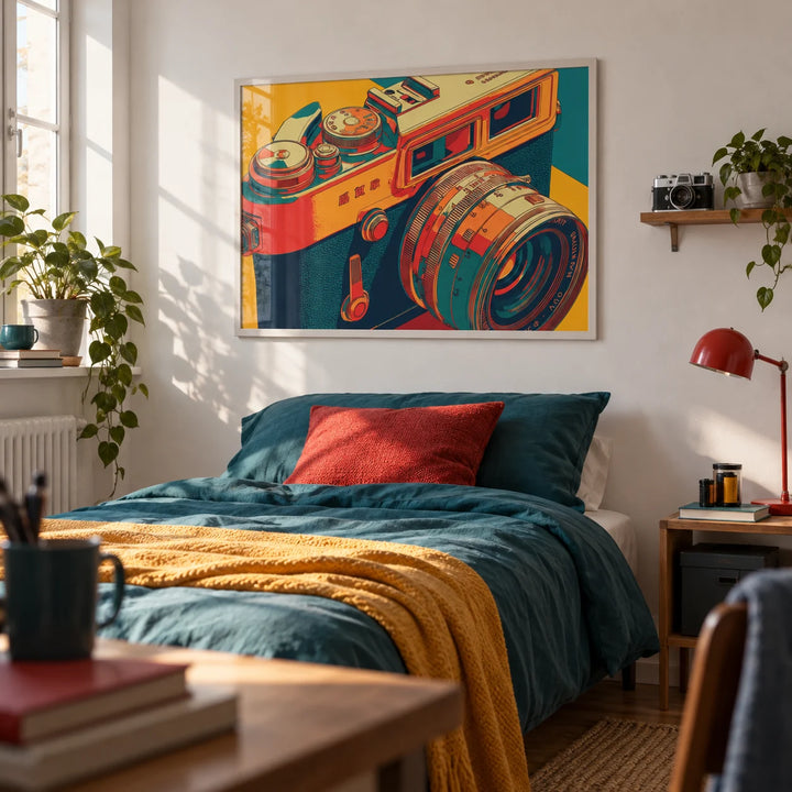 Vintage Camera Wall Art, framed on the wall of a young photographer's single bedroom (19-26) with a white wall