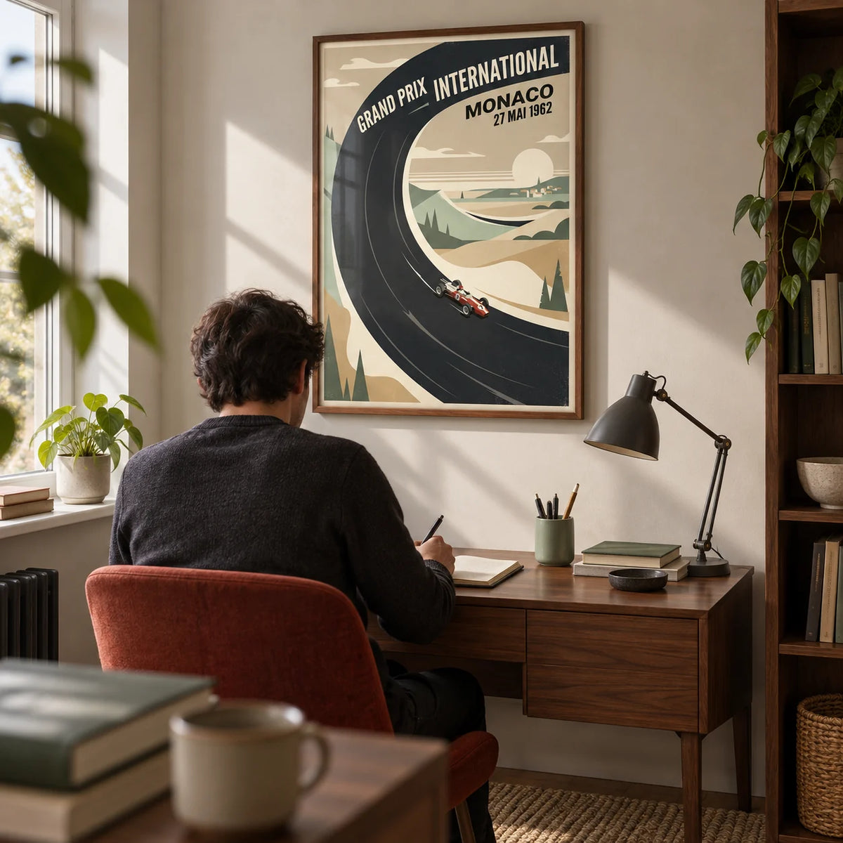 Vintage Car Racing Poster, framed on the wall of a compact home study in a UK flat with a pale warm grey wall and walnut furniture