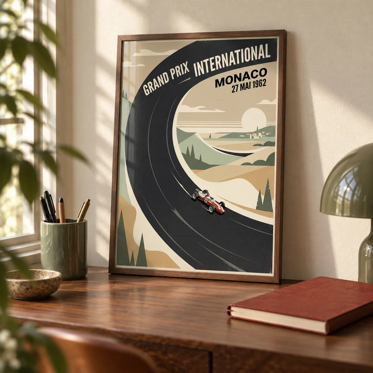 Vintage Car Racing Poster, a small A4 framed print leaning on a walnut desk
