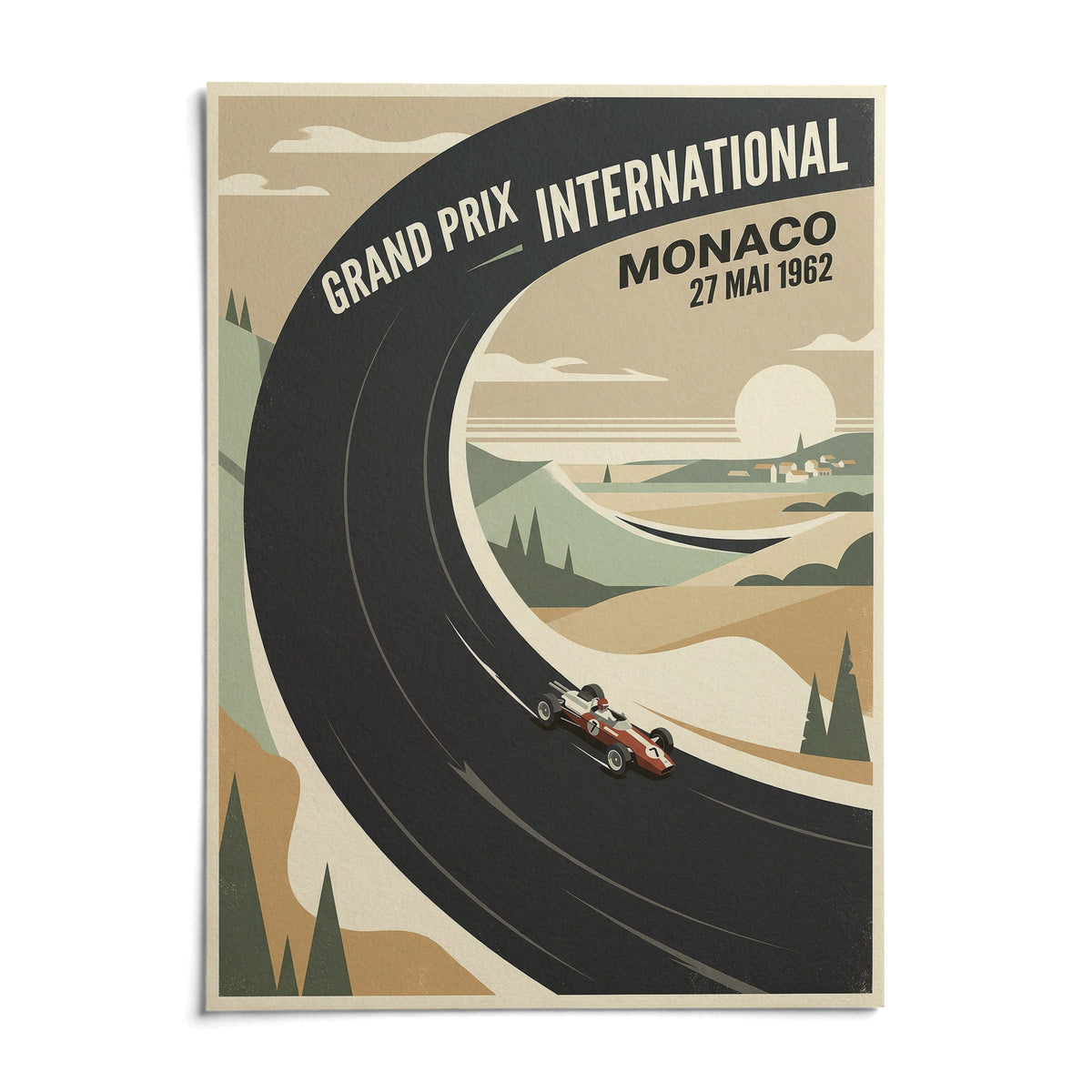 Vintage Car Racing Poster, shown as an unframed paper print on a plain white background