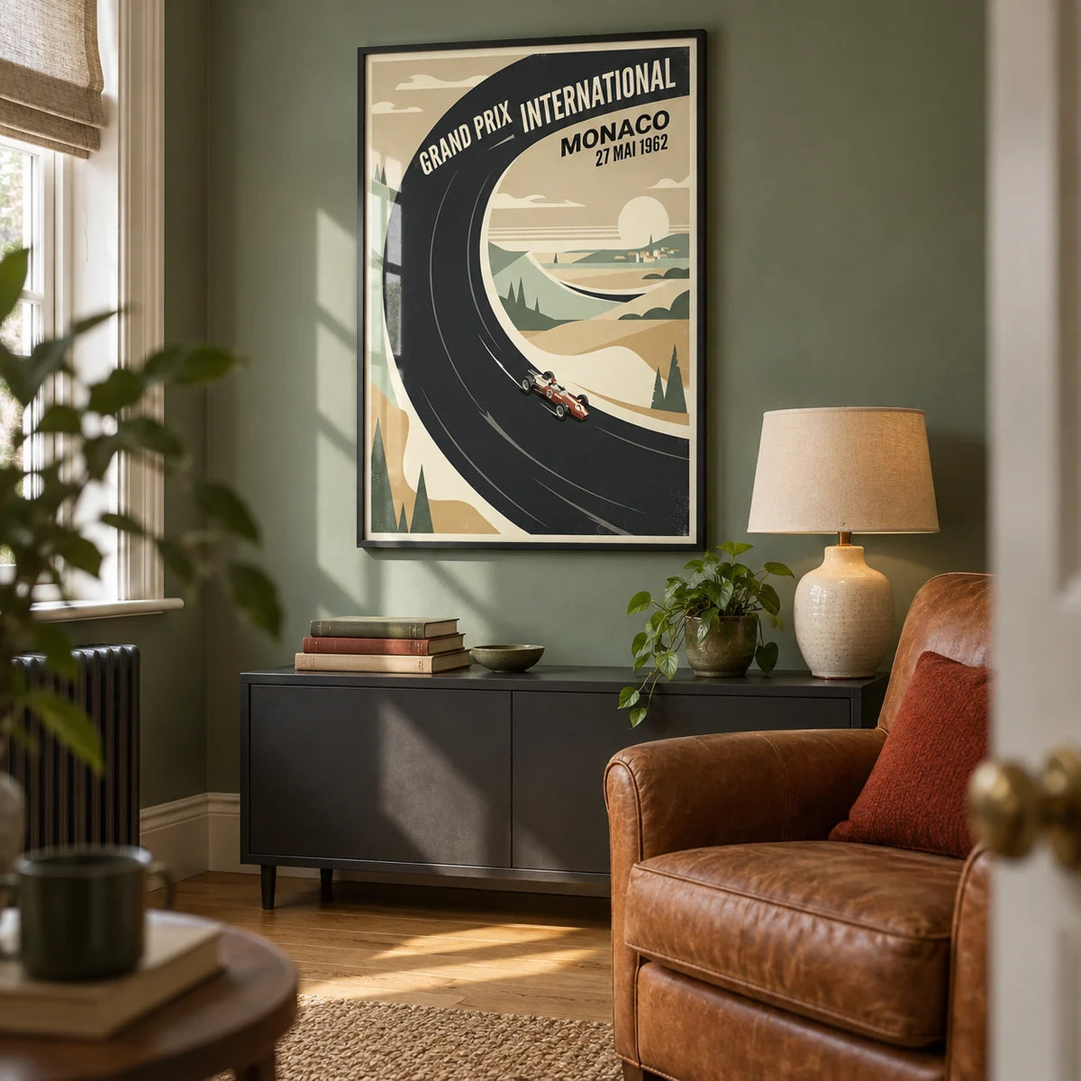 Vintage Car Racing Poster, framed on the wall of a vintage motorsport enthusiast's snug in a converted UK box room with a muted sage green wall in a living room