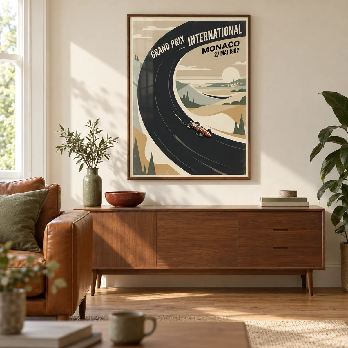 Vintage Car Racing Poster, framed on the wall of a warm mid-century living room in a UK terraced house with a cream wall and oak floor