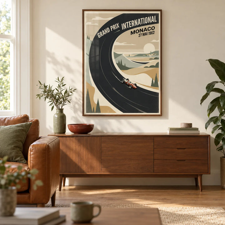 Vintage Car Racing Poster, framed on the wall of a warm mid-century living room in a UK terraced house with a cream wall and oak floor