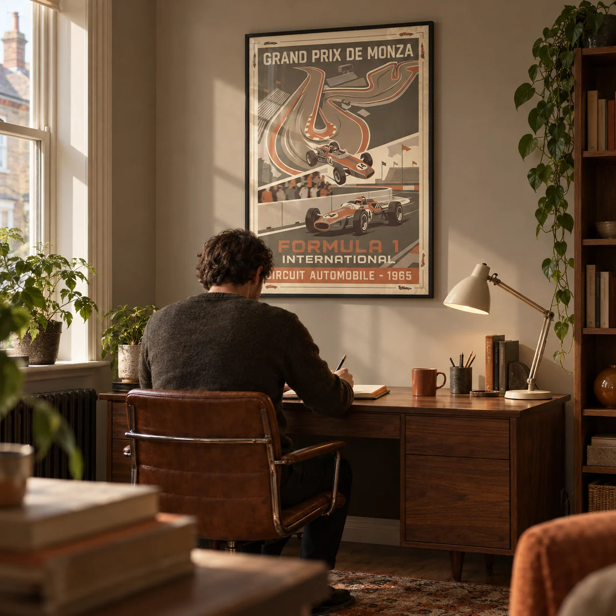 Vintage Car Racing Wall Art, framed on the wall of a characterful home study in a UK terraced house