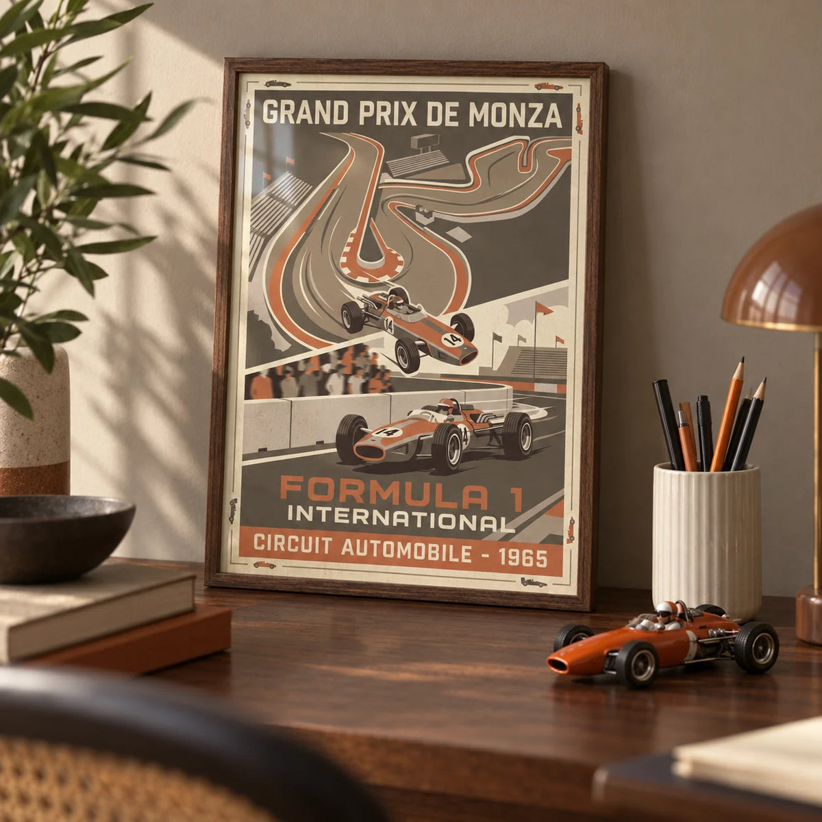 Vintage Car Racing Wall Art, a small A4 framed print leaning on a walnut desk