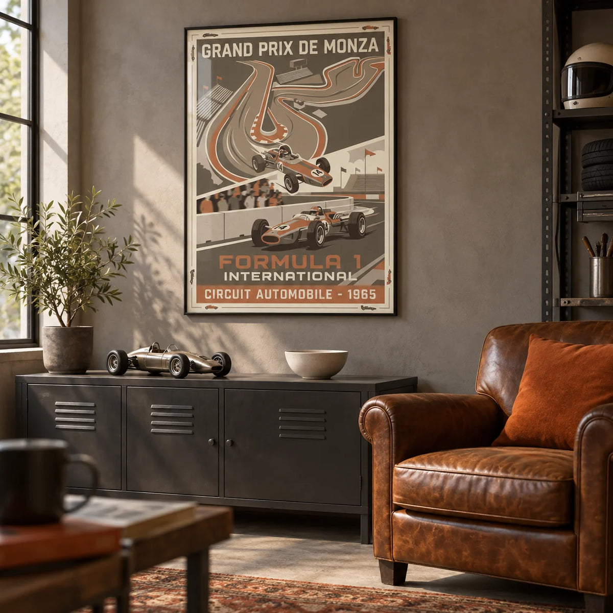 Vintage Car Racing Wall Art, framed on the wall of a tidy converted-garage hobby lounge in a UK home