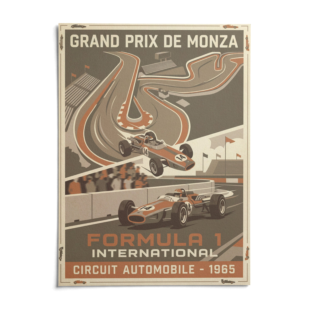 Vintage Car Racing Wall Art, shown as an unframed paper print on a plain white background