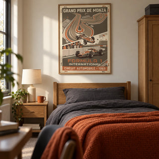 Vintage Car Racing Wall Art, framed on the wall of a vintage-inspired single bedroom for a young adult racing fan (18-25) in a UK family home