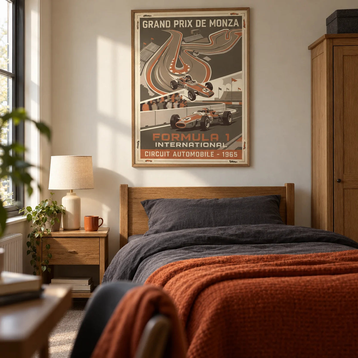 Vintage Car Racing Wall Art, framed on the wall of a vintage-inspired single bedroom for a young adult racing fan (18-25) in a UK family home