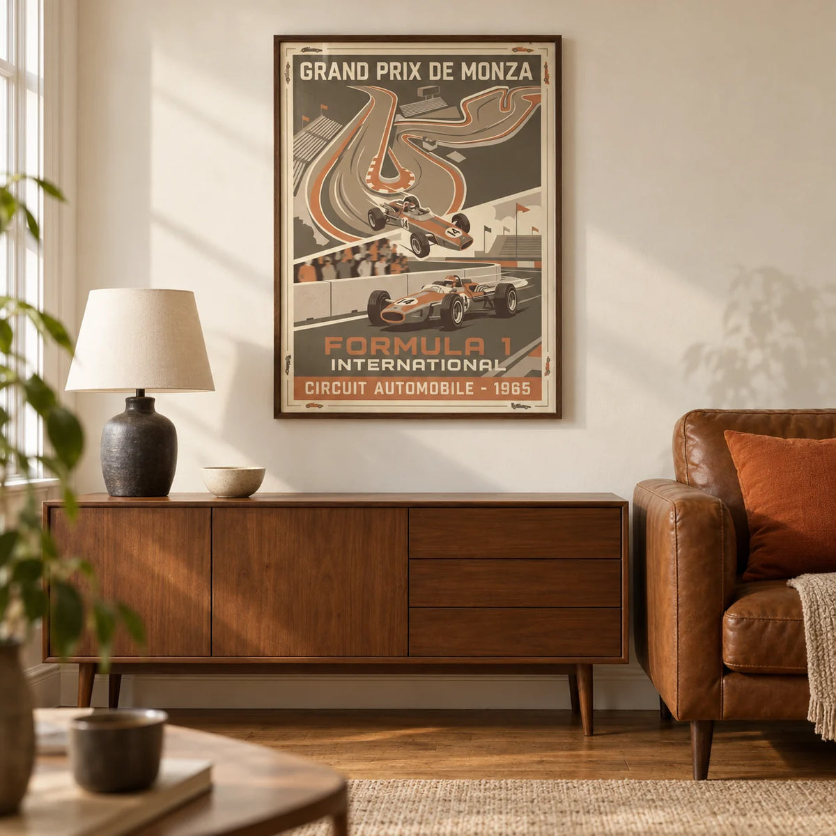 Vintage Car Racing Wall Art, framed on the wall of a warm retro living room in a UK first flat (22-28)