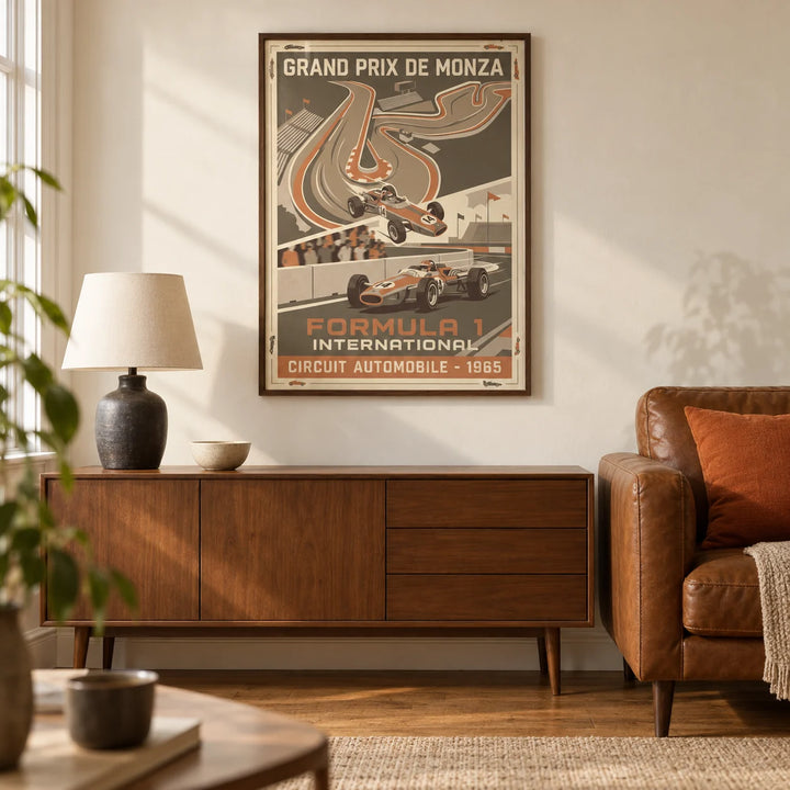 Vintage Car Racing Wall Art, framed on the wall of a warm retro living room in a UK first flat (22-28)