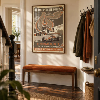 Vintage Car Racing Wall Art, framed on the wall of a welcoming hallway in a UK Victorian terrace