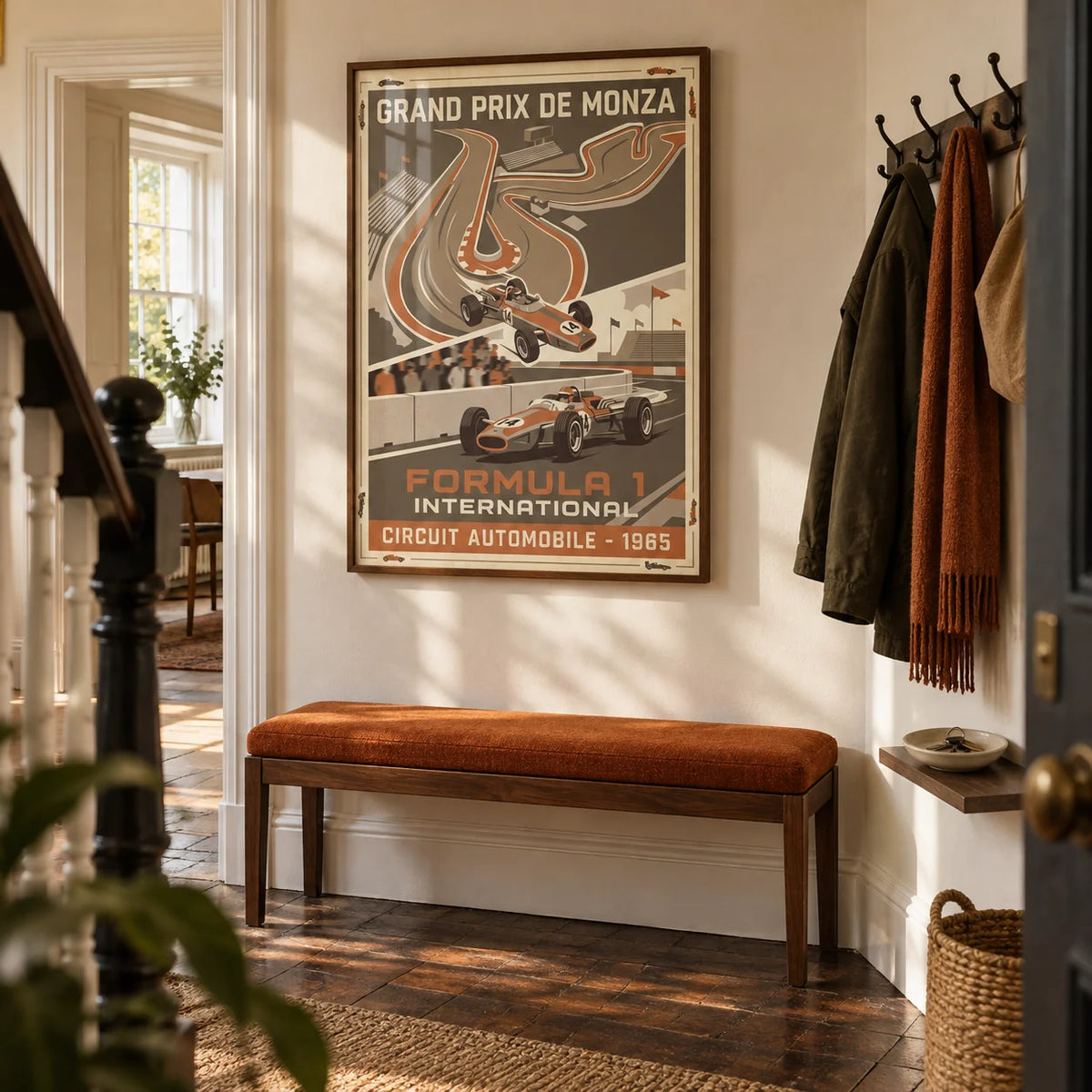 Vintage Car Racing Wall Art, framed on the wall of a welcoming hallway in a UK Victorian terrace