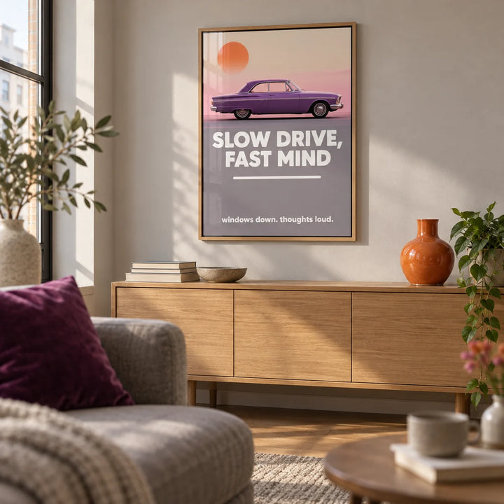 Vintage Car Wall Art, framed on the wall of a city flat living room with a plain warm grey wall