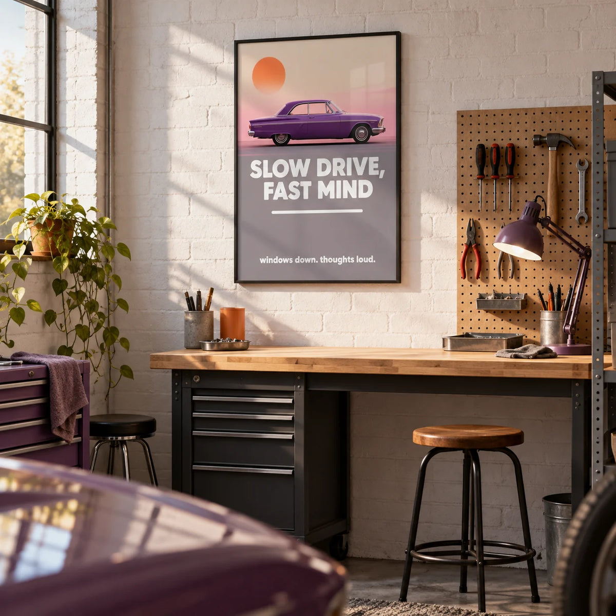 Vintage Car Wall Art, framed on the wall of a clean home garage workshop with a white painted brick wall