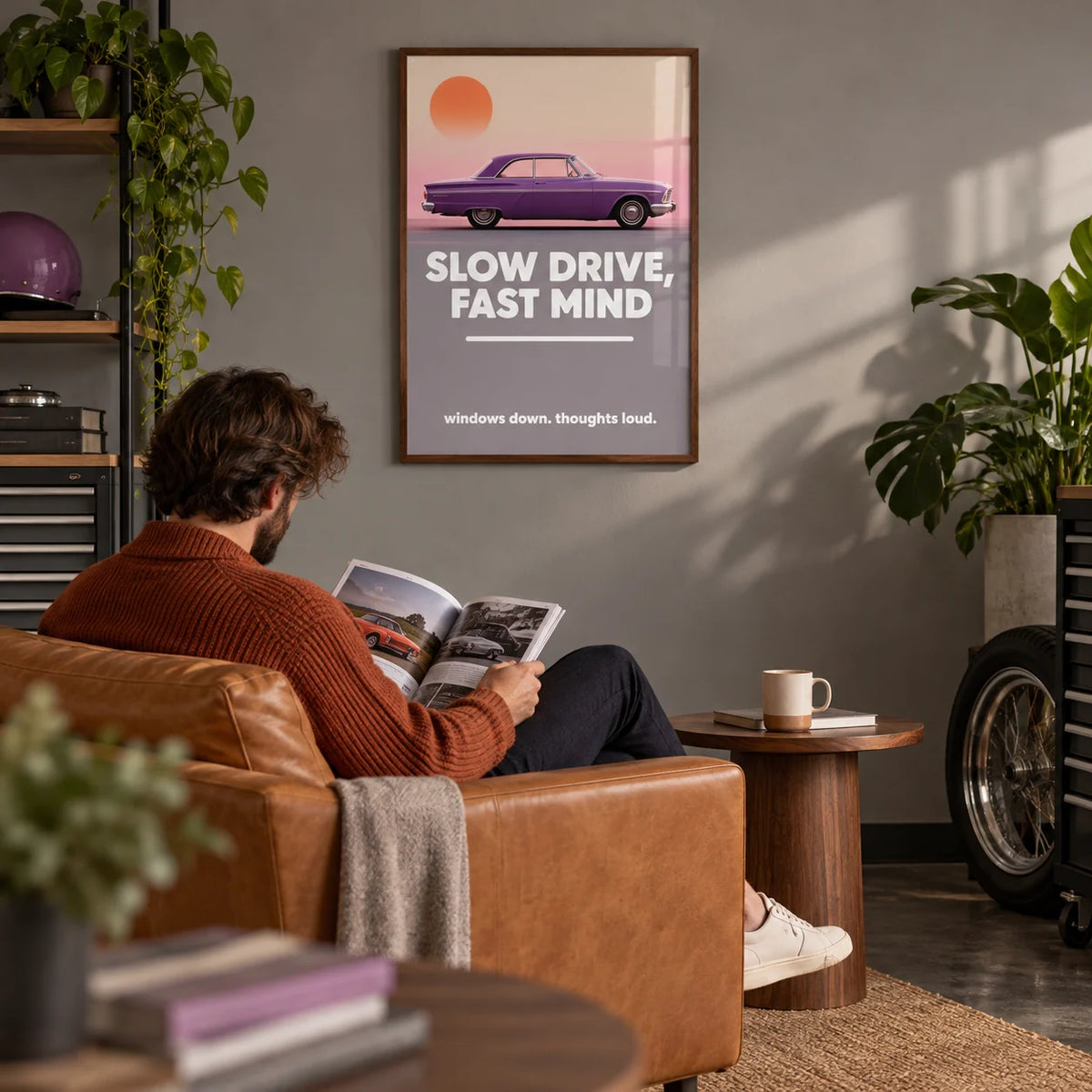 Vintage Car Wall Art, framed on the wall of a garage conversion den with a plain grey wall and a dark floor in a living room