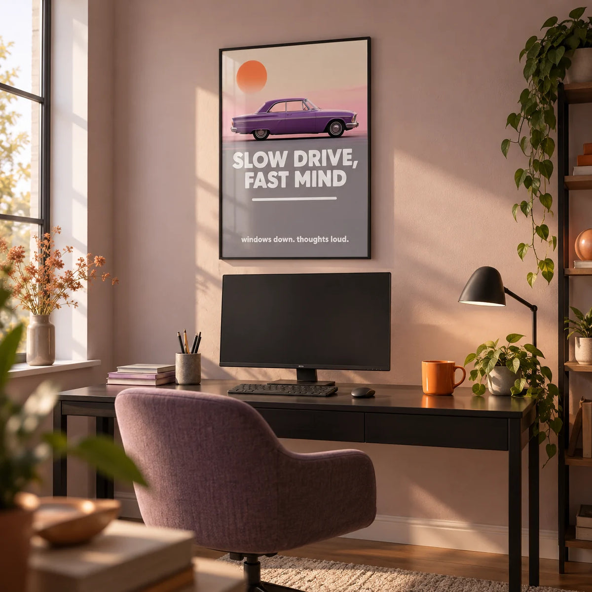 Vintage Car Wall Art, framed on the wall of a modern home office with a soft pink-grey wall