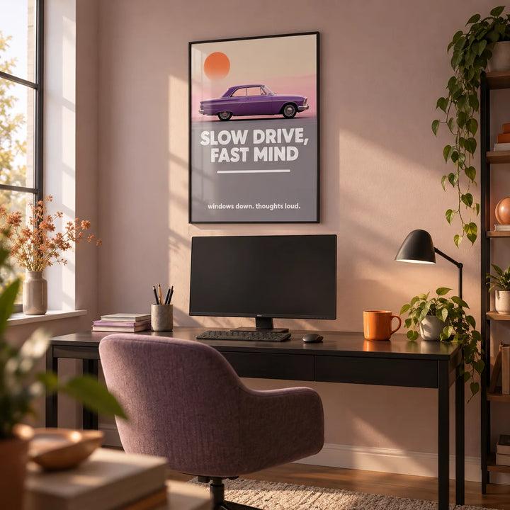Vintage Car Wall Art, framed on the wall of a modern home office with a soft pink-grey wall