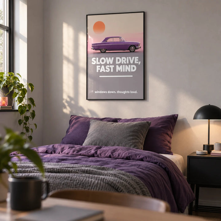 Vintage Car Wall Art, framed on the wall of a young adult's bedroom (17-24) with a plain light grey wall
