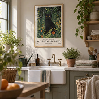 Vintage Cat Art, framed on the wall of a calm cottage utility room with a pale greige wall and plain oak shelving in a laundry room