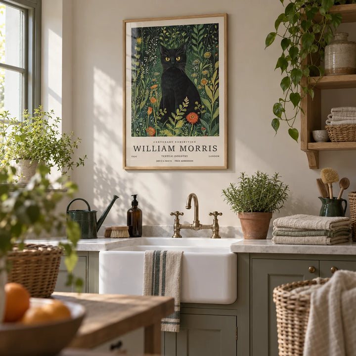 Vintage Cat Art, framed on the wall of a calm cottage utility room with a pale greige wall and plain oak shelving in a laundry room