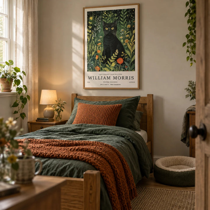 Vintage Cat Art, framed on the wall of a cosy cottage single bedroom with a soft greige wall