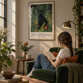 Vintage Cat Art, framed on the wall of a cosy reading nook with a greige wall in a living room