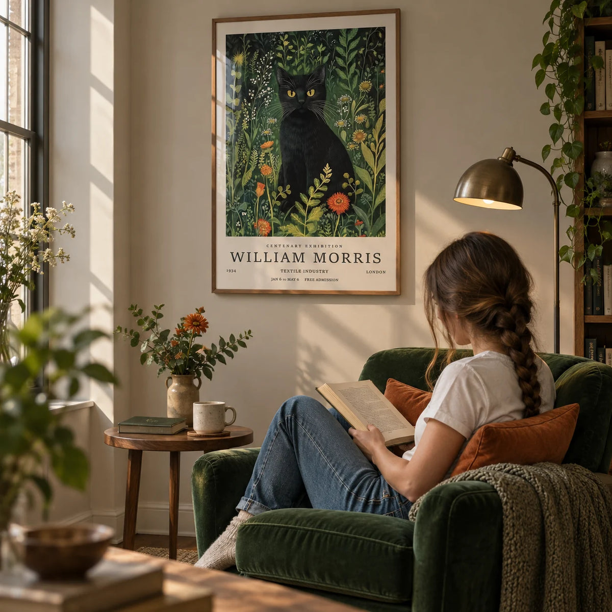 Vintage Cat Art, framed on the wall of a cosy reading nook with a greige wall in a living room
