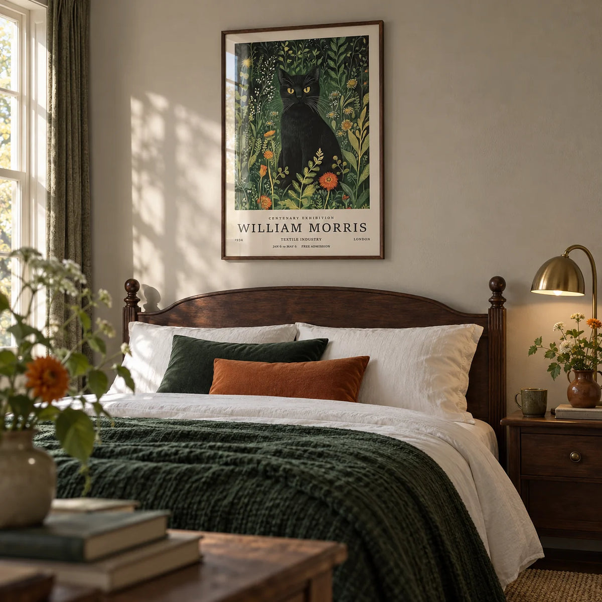 Vintage Cat Art, framed on the wall of a heritage bedroom with a soft greige wall