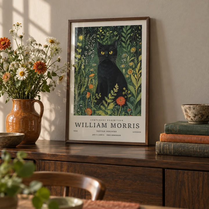 Vintage Cat Art, a small A4 framed print leaning on a dark wood sideboard in a living room