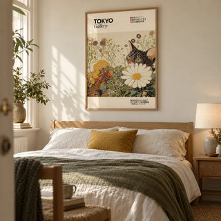 Vintage Cat Wall Art, framed on the wall of a calm adult bedroom in a characterful UK flat with warm ivory walls and pale oak furniture