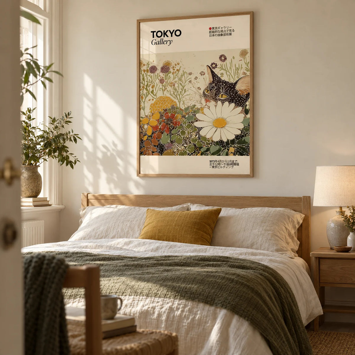 Vintage Cat Wall Art, framed on the wall of a calm adult bedroom in a characterful UK flat with warm ivory walls and pale oak furniture