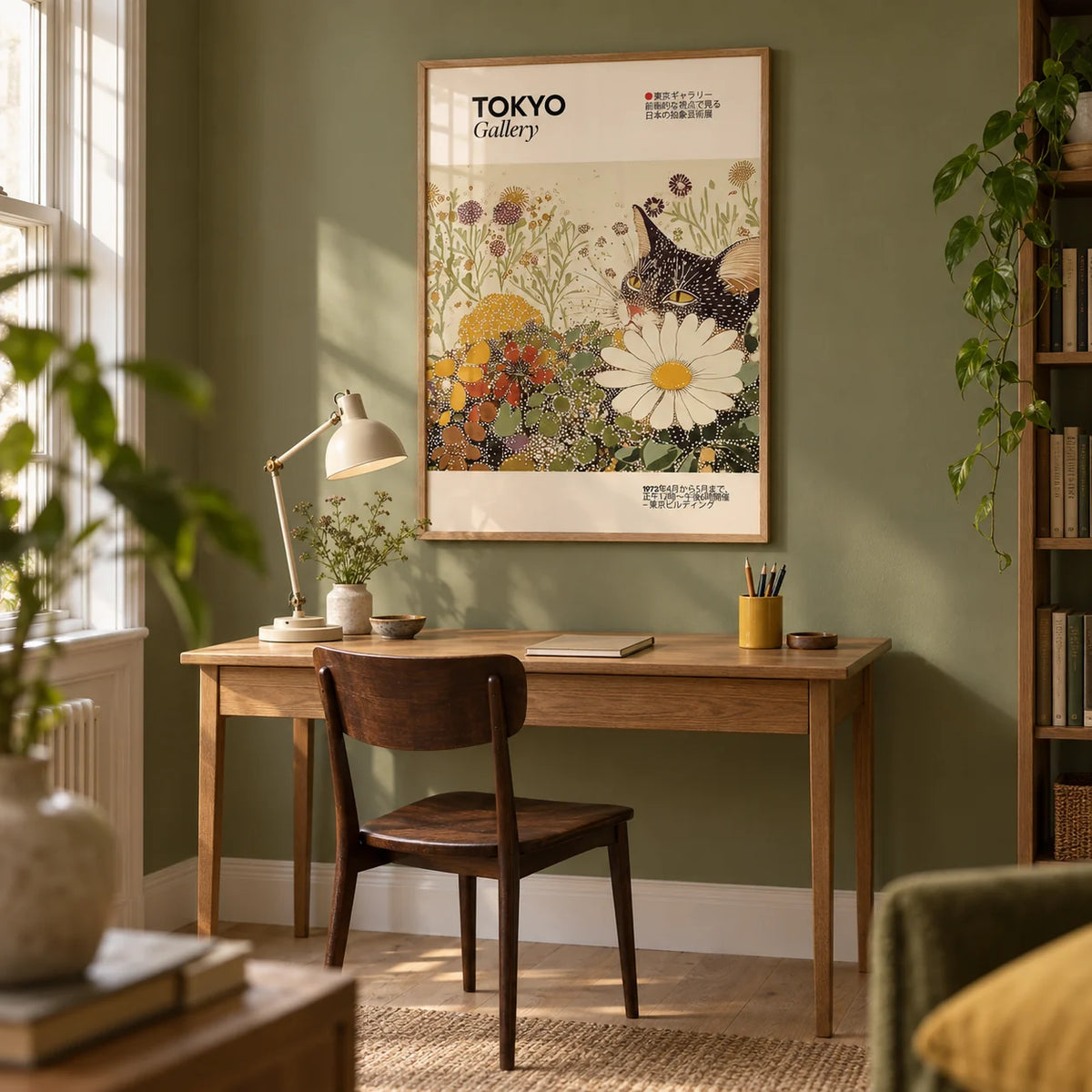 Vintage Cat Wall Art, framed on the wall of a compact home study in a UK period flat with a muted olive green wall and a pale oak floor