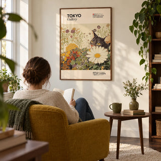 Vintage Cat Wall Art, framed on the wall of a quiet reading corner in a UK first home for an adult aged 25-35 in a living room
