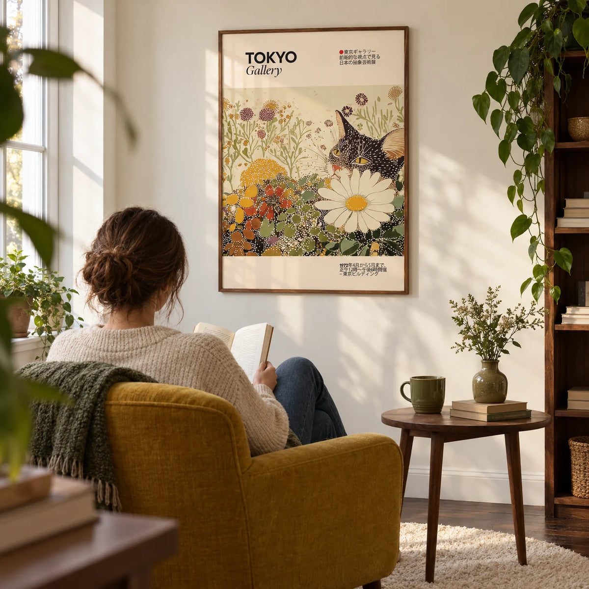 Vintage Cat Wall Art, framed on the wall of a quiet reading corner in a UK first home for an adult aged 25-35 in a living room