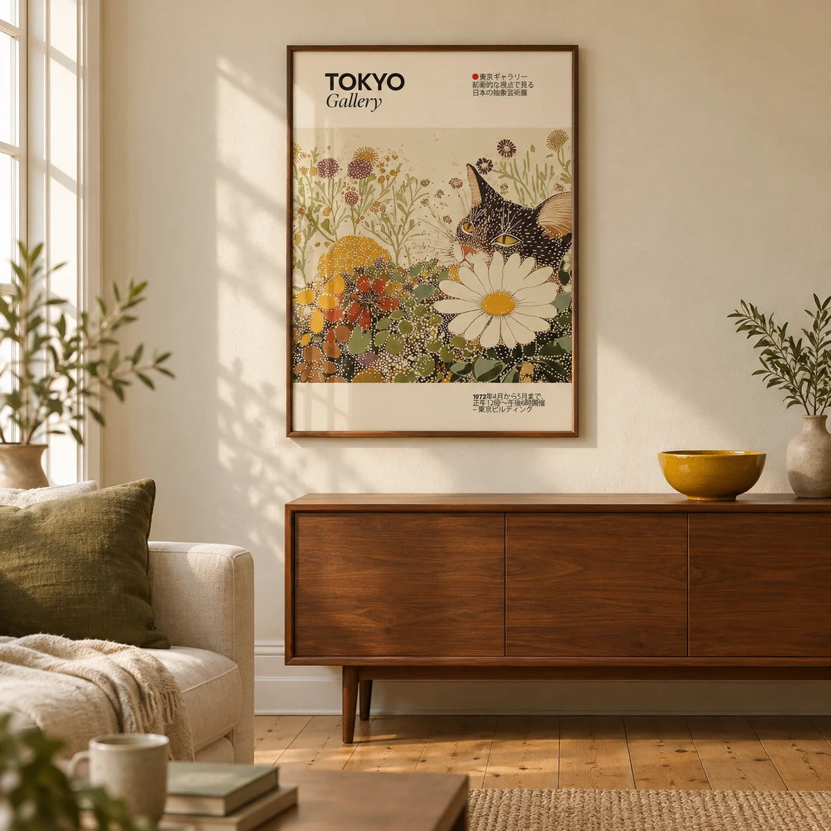 Vintage Cat Wall Art, framed on the wall of a warm modern living room in a UK Victorian terrace with cream plaster walls and honey-coloured floorboards