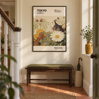 Vintage Cat Wall Art, framed on the wall of a welcoming hallway in a modest UK terraced house with warm cream walls and terracotta floor tiles