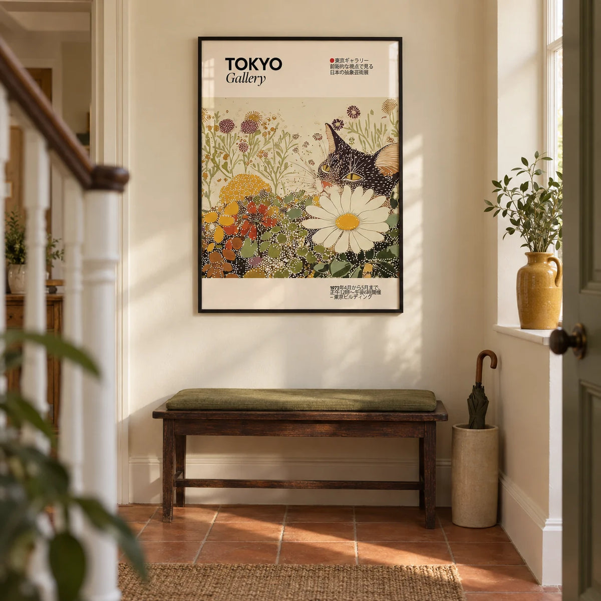Vintage Cat Wall Art, framed on the wall of a welcoming hallway in a modest UK terraced house with warm cream walls and terracotta floor tiles