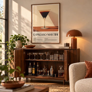 Vintage Cocktail Posters, framed on the wall of a living room drinks cabinet