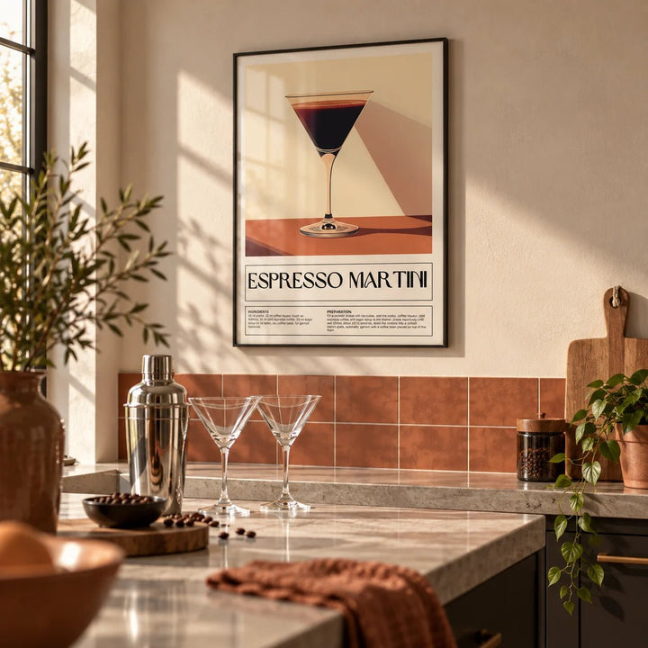 Vintage Cocktail Posters, framed on the wall of a modern kitchen
