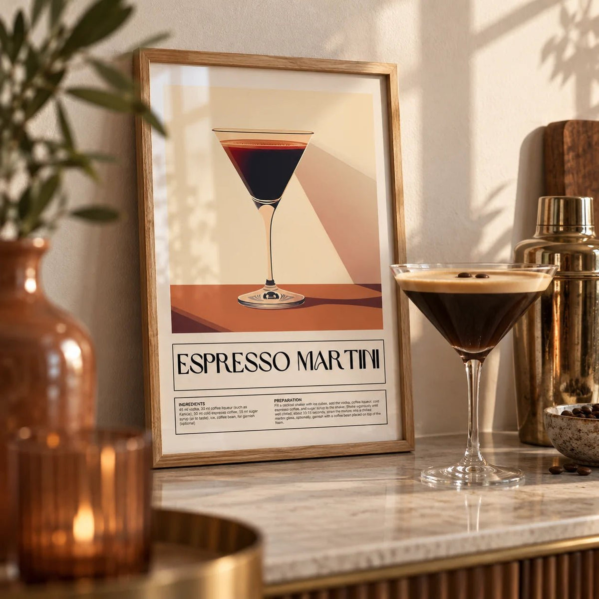 Vintage Cocktail Posters, a small A4 framed print leaning on a bar shelf in a living room