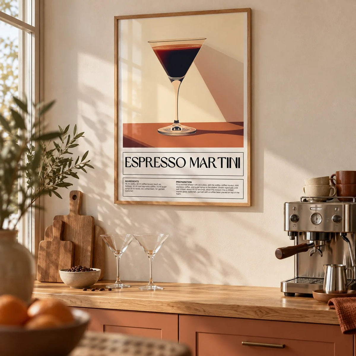 Vintage Cocktail Posters, framed on the wall of a warm kitchen