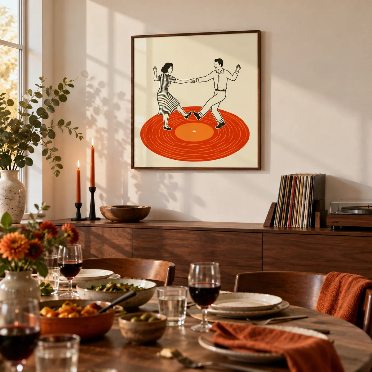 Vintage Dance Art Print, framed on the wall of a lively dining room