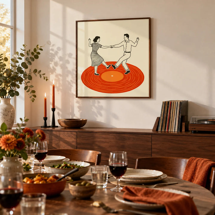 Vintage Dance Art Print, framed on the wall of a lively dining room