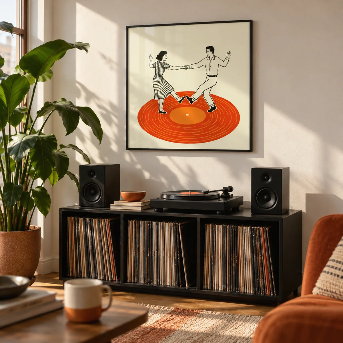 Vintage Dance Art Print, framed on the wall of a music corner in a city flat